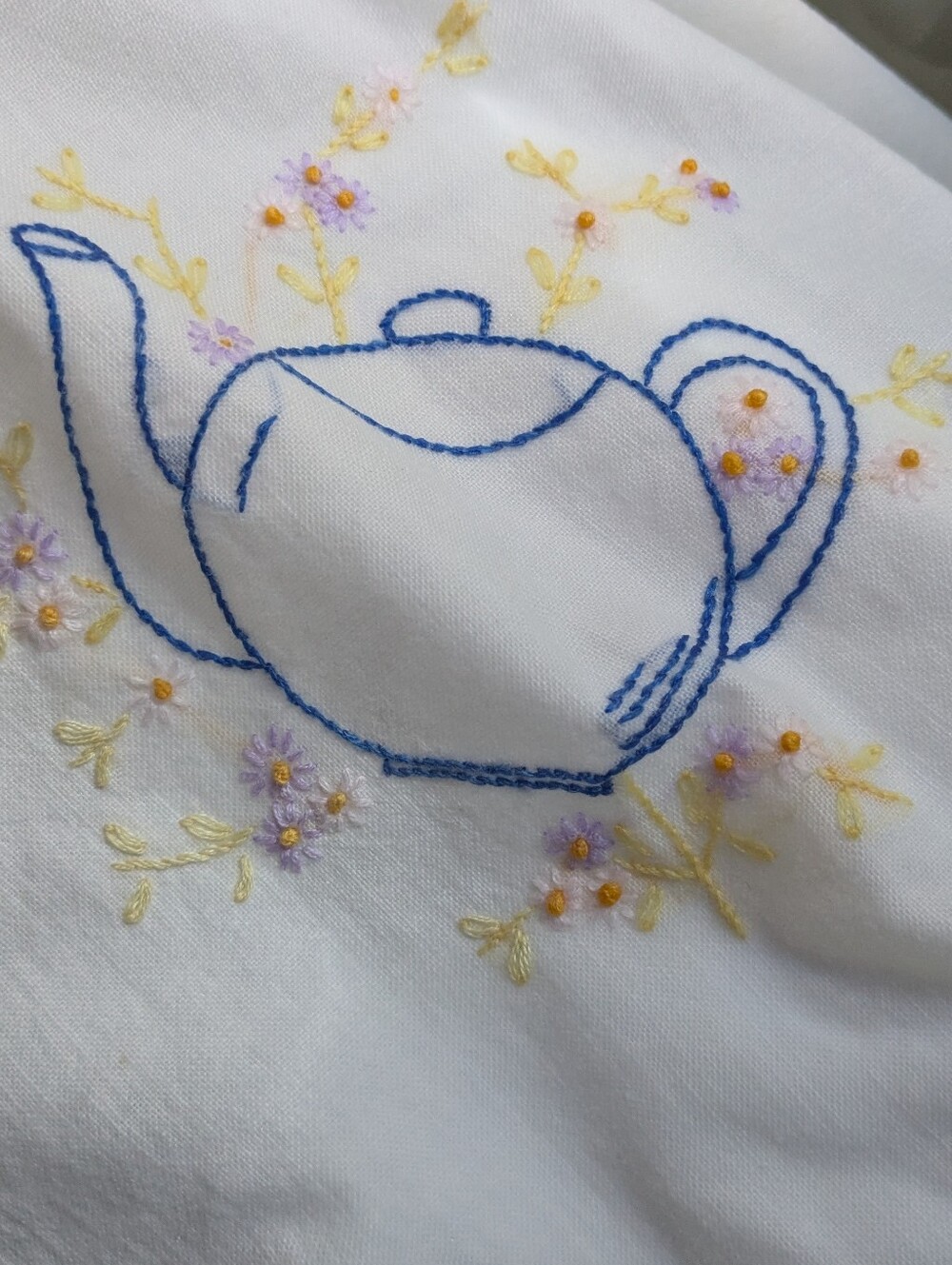 Vintage Tablecloth Cotton Embroidered Coffee Teapot Creamer 40 x 42"